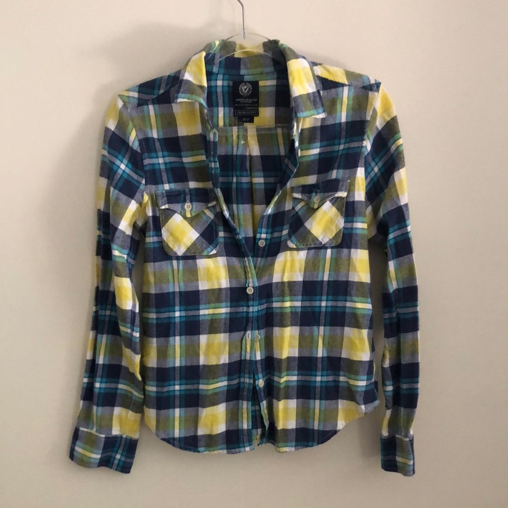 Women’s Plaid Button-Up Shirt in Blue and Yellow